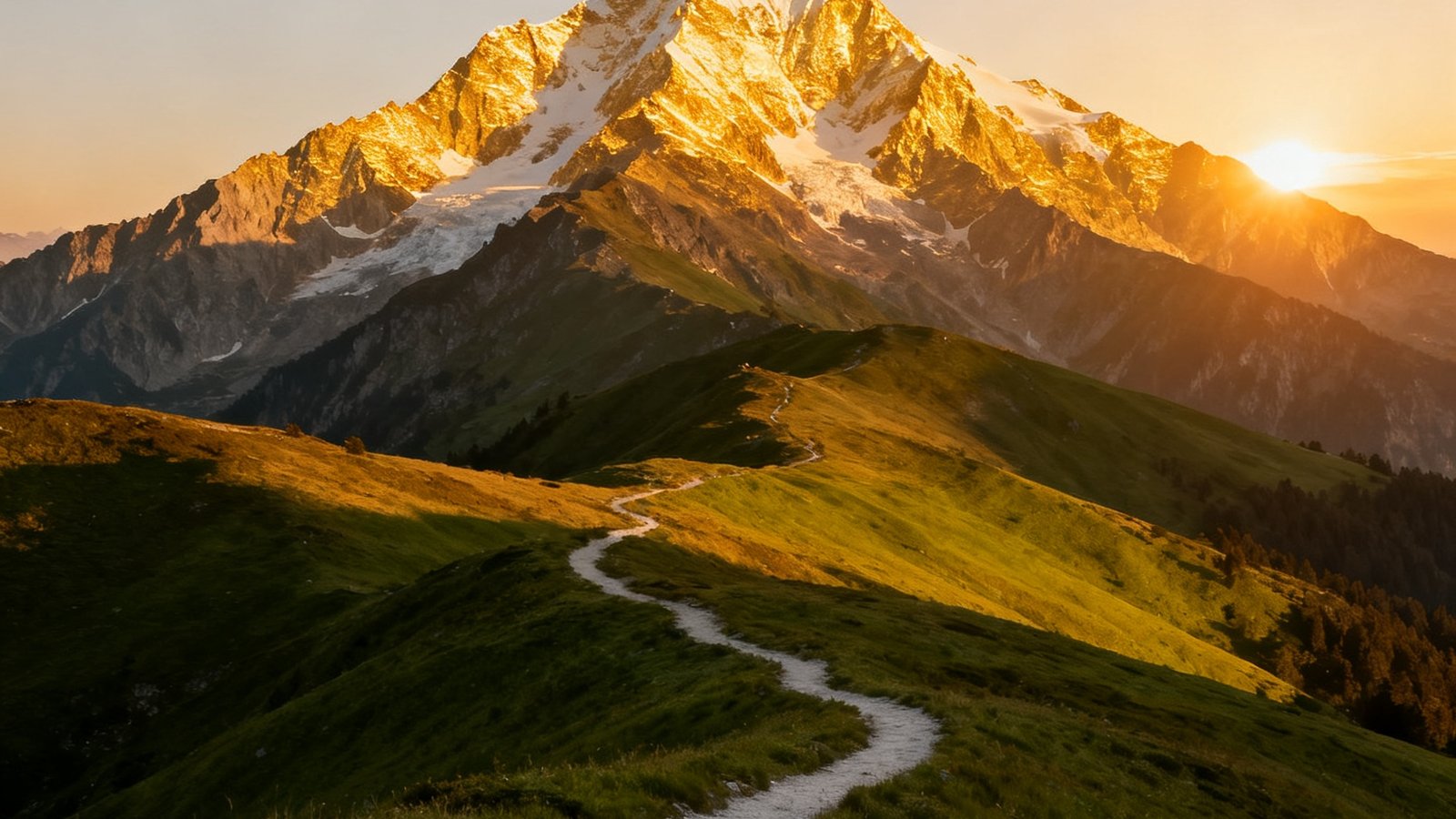 贡嘎环线徒步线路上，金顶雪山在夕阳下闪耀金光，前景是翠绿的高山草甸和蜿蜒的徒步小径